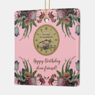 Vintage-Uhr mit Blumen Geburtstagsfeier Keramikornament