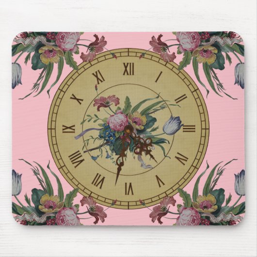 Vintage Uhr mit Blumen Mousepad (Vorne)