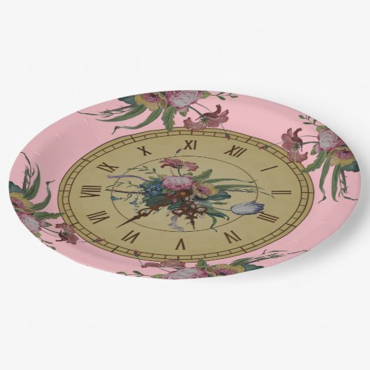 Vintage Uhr mit Blumen Pappteller (Schrägansicht)