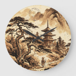 Vintage-Uhr mit japanischer Pagode und Kiefer Große Wanduhr