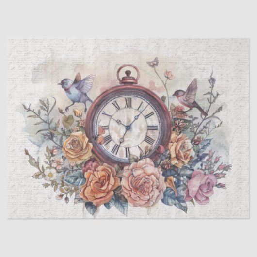 Vintage Uhr mit Vögeln und Rose Entkopplung Seidenpapier (Vorderseite)