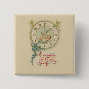 Vintage-Uhr Neujahrsbaby Button