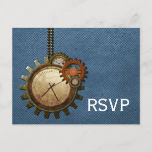 Vintage-Uhr-RSVP-Postkarte, Blau Einladungspostkarte
