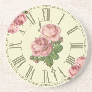 Vintage-Uhr und rosa Rosen Ephemera-Unterlage Getränkeuntersetzer