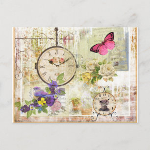Vintage-Uhr und rosa Schmetterling mit violetter B Postkarte