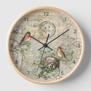 Vintage-Uhr Vogelnest Karte Musik Französischer Po Uhr