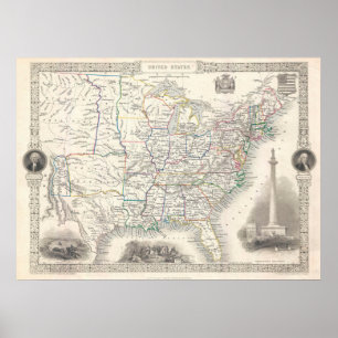 Vintage United States Map by Tallis and Rapkin Poster