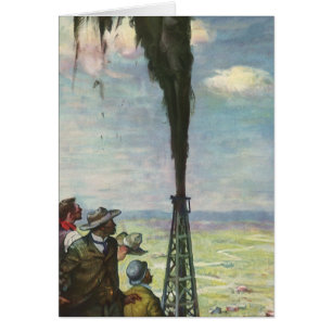 Vintage-Unternehmen, sprudelnde Ölquelle mit Arbei