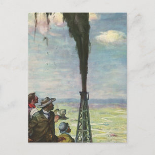 Vintage-Unternehmen, sprudelnde Ölquelle mit Arbei Postkarte