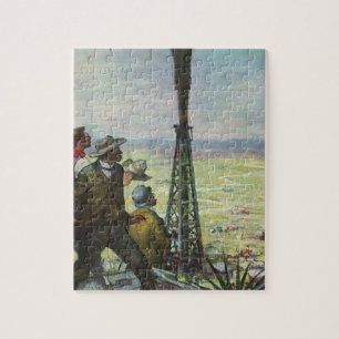 Vintage-Unternehmen, sprudelnde Ölquelle mit Arbei Puzzle