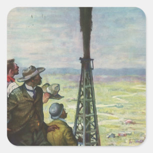 Vintage-Unternehmen, sprudelnde Ölquelle mit Arbei Quadratischer Aufkleber