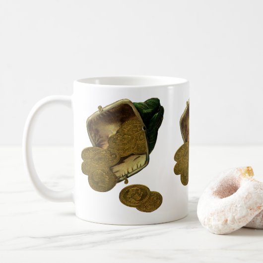 Vintage Unternehmensfinanzierung, Goldmünzen in Ge Kaffeetasse (Mit Donut)