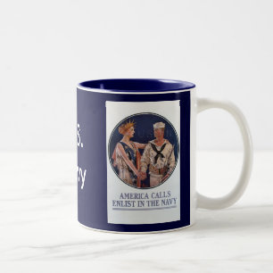 Vintage US Navy America Calls Werbeplakat Zweifarbige Tasse