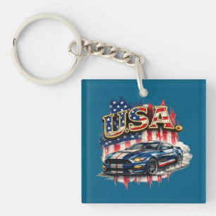 Vintage-USA-Muscle-Car-patriotischer quadratischer Schlüsselanhänger