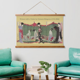 Vintage Utamaro Japanische Frauen im grünen Netz Wandteppich Mit Holzrahmen