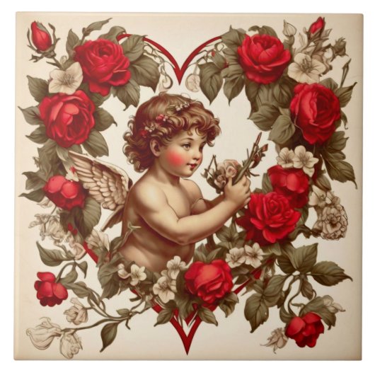 Vintage Valentine Art Liebe cupid Fliese (Vorderseite)