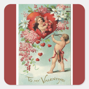 Vintage Valentine-Engel und Herzen Quadratischer Aufkleber