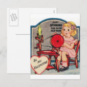 Vintage Valentine Girl Spinning Wool Feiertagspostkarte (Vorne/Hinten)