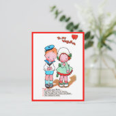 Vintage Valentine Niedlich Girl & Boy mit Herz Postkarte (Stehend Vorderseite)