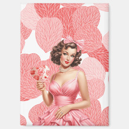 Vintage Valentine Pin-Up Girl with Heart Fan Magnet