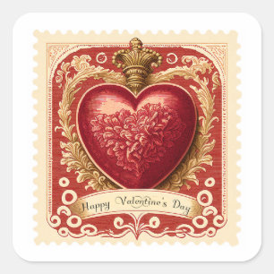 Vintage Valentine Red Heart Postage Briefmarke Quadratischer Aufkleber