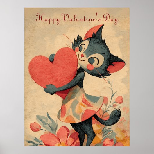 Vintage Valentine`s Day Cat With Heart  Poster (Vorne)