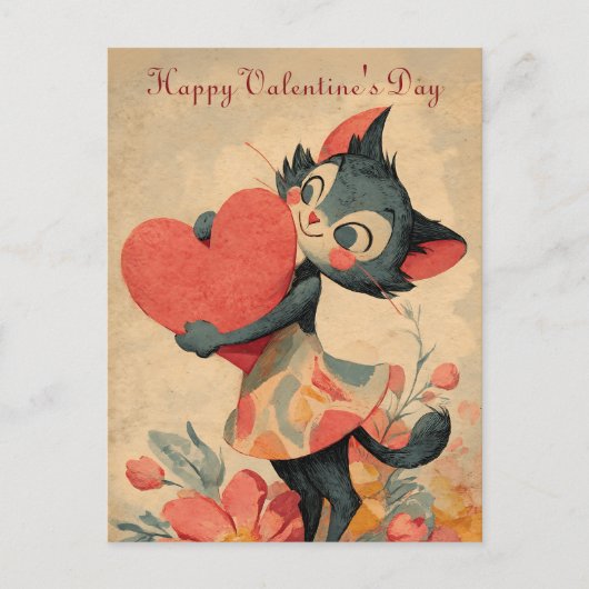 Vintage Valentine`s Day Cat With Heart Postkarte (Vorderseite)