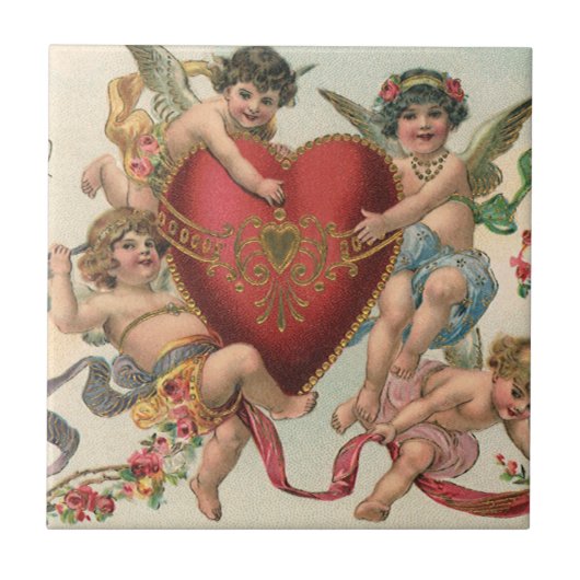 Vintage Valentine, Viktorianische Engel Cherubs He Fliese (Vorderseite)