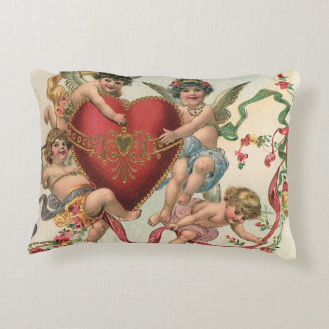 Vintage Valentine, Viktorianische Engel Cherubs He Zierkissen (Rückseite)