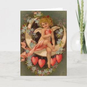Vintage Valentines Cherub On Moon Feiertagskarte