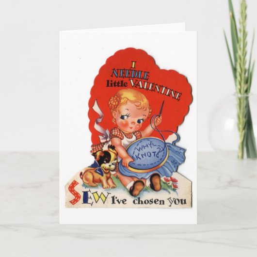 Vintage Valentine's Day Girl Sewing Feiertagskarte (Vorderseite)