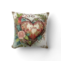 Vintage Valentine's Day Love Heart Floral Pillow