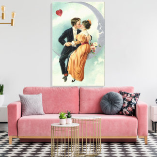 Vintage Valentine's Day Victorian Kiss on the Moon Leinwanddruck