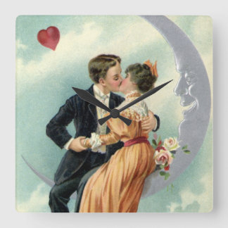 Vintage Valentine's Day Victorian Kiss on the Moon Quadratische Wanduhr