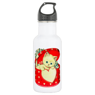 Vintage Valentinsgruß Weiße Katze in roter Herzsch Edelstahlflasche