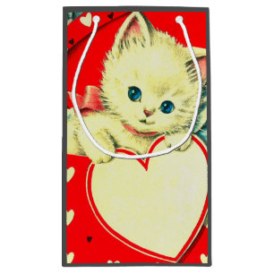 Vintage Valentinsgruß Weiße Katze in roter Herzsch Kleine Geschenktüte