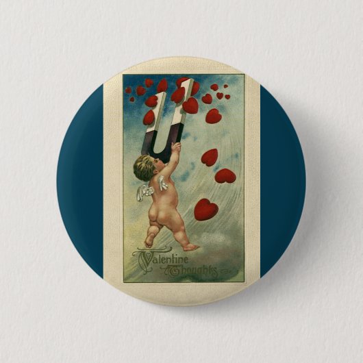 Vintage Valentinstag, Cherub mit Magnetherzen Button (Vorderseite)