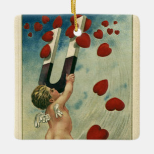 Vintage Valentinstag, Cherub mit Magnetherzen Keramikornament