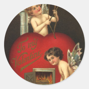 Vintage Valentinstag Cupid, Engel Brennende Liebe Runder Aufkleber