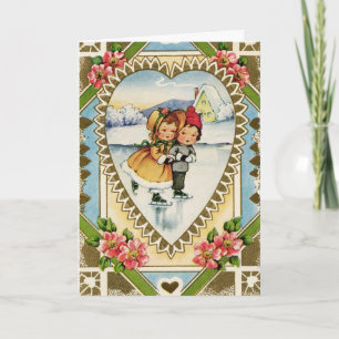 Vintage Valentinstag Eisläufer Feiertagskarte