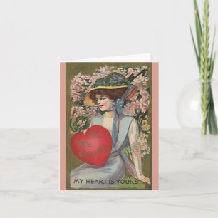 Vintage Valentinstag, elegante Dame mit Herz Feiertagskarte
