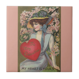 Vintage Valentinstag, elegante Dame mit Herz Fliese
