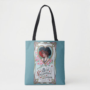 Vintage Valentinstag, elegante Frau in einem Herze Tasche