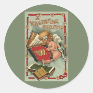 Vintage Valentinstag Engel, Cupid liest Buch Runder Aufkleber
