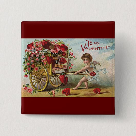 Vintage Valentinstag Engel, Wagen der Liebesherzen Button (Vorderseite)