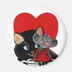 Vintage Valentinstag, Katzen-Mäuse-Tasse Herz Magnet
