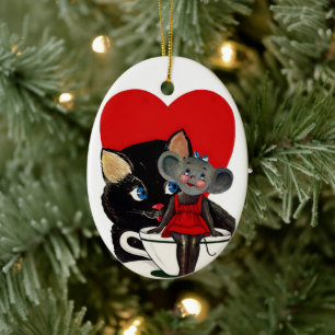 Vintage Valentinstag, Katzenmaus Tasse Herz Keramikornament