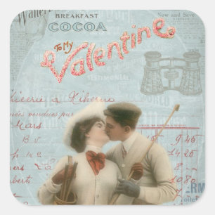 Vintage Valentinstag Küssendes Paar Collage Quadratischer Aufkleber