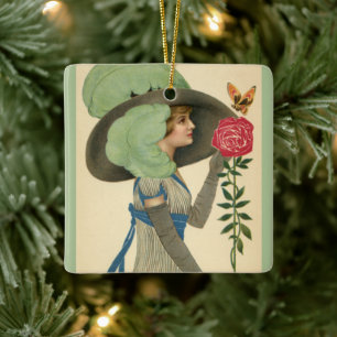 Vintage Valentinstag, Lady Red Rose Schmetterling Keramikornament