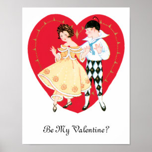 Vintage Valentinstag, Mädchen, Harlekin und Herz Poster